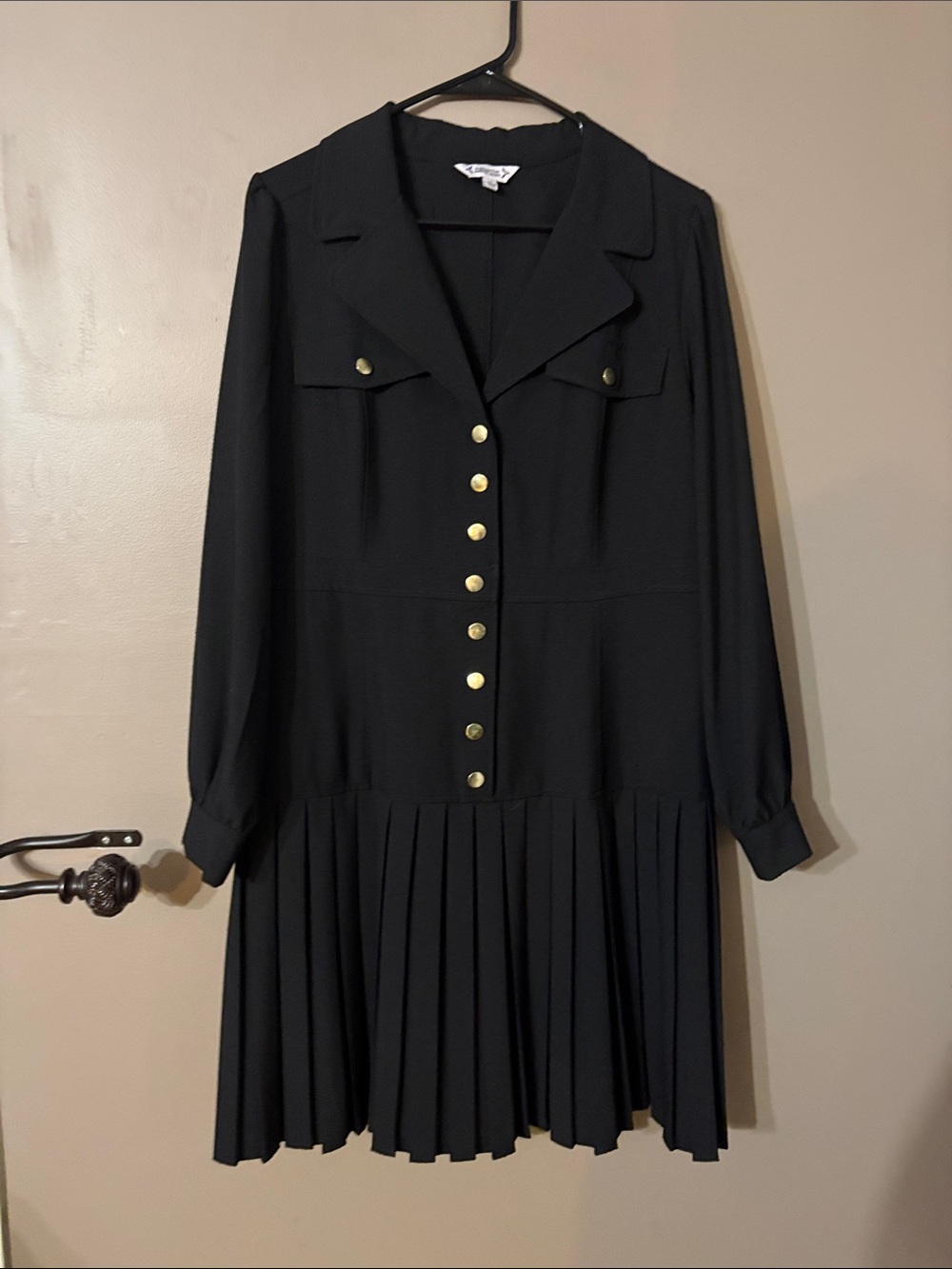 Black Pleated Button-Front Long Sleeve Dress